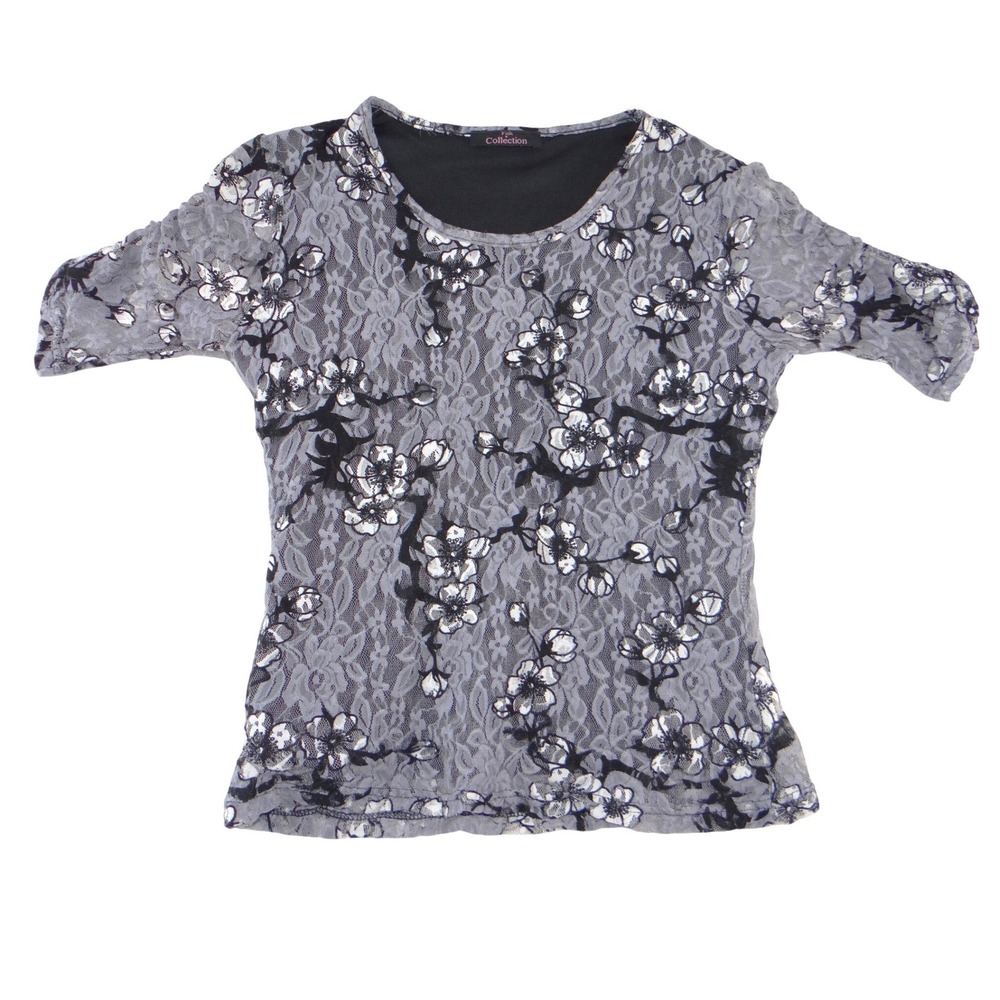 Pink Collection Grey Floral Lace Short Sleeve Scoop Neck Blouse Top